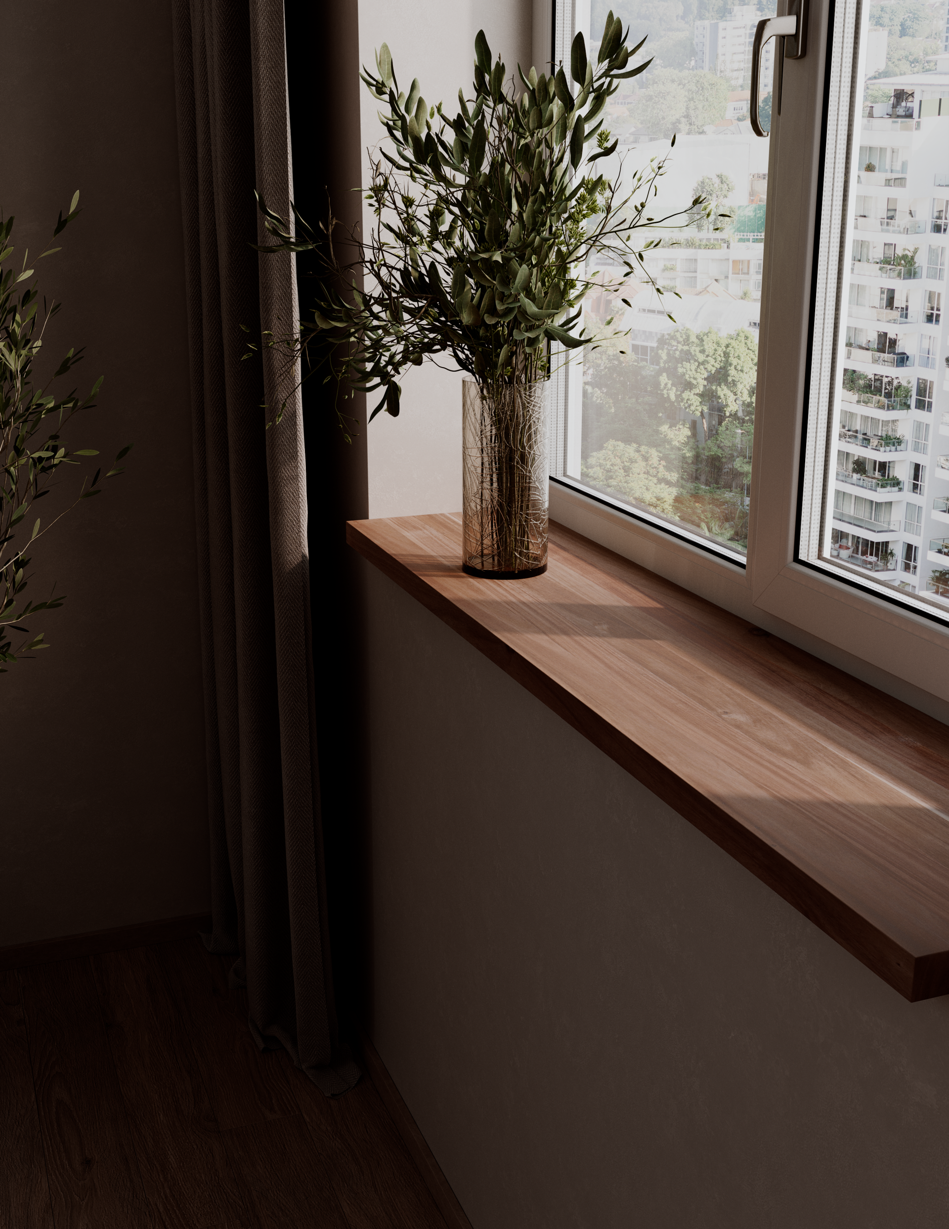 Parapet z litego drewna akacji – zamontowany przy oknie w salonie